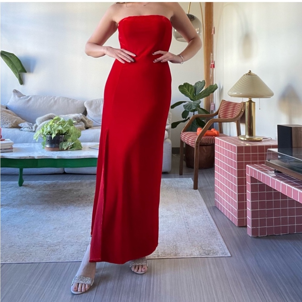 Reformation Beacon Elegant Red Velvet Strapless Gown